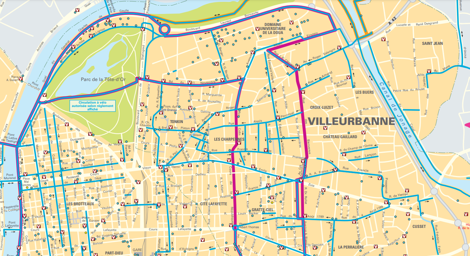 carte des pistes cyclables disponibles aux alentours de la Doua