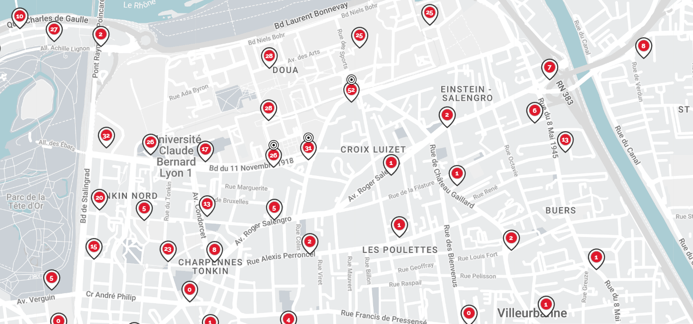 carte des bornes velov aux alentours du campus de la Doua