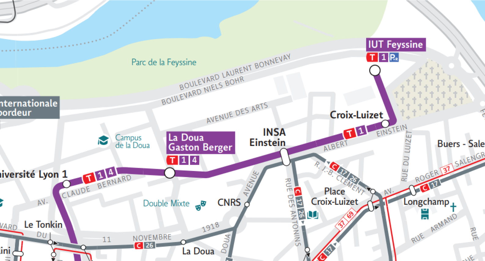 Carte des reseaux TCL de Lyon centré sur la Doua zoom x4