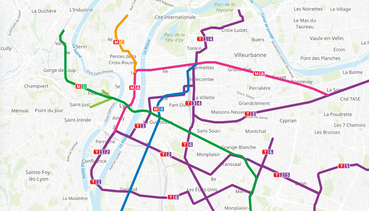 Carte des reseaux TCL de Lyon centré sur la Doua zoom x1