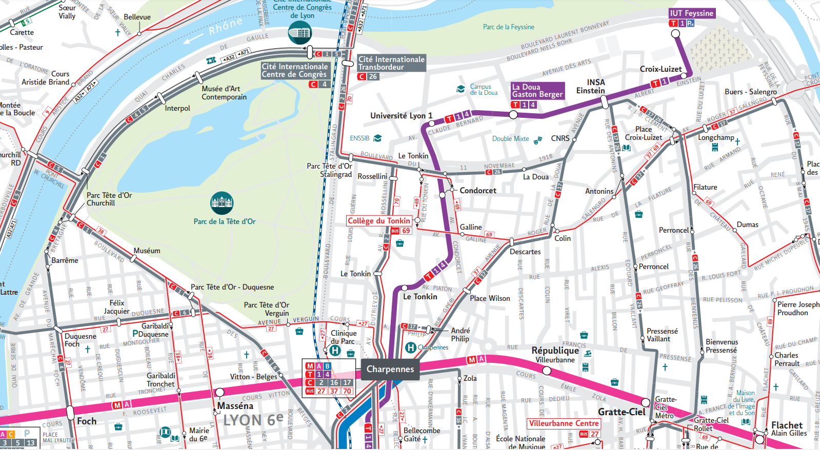 Carte des reseaux TCL de Lyon centré sur la Doua zoom x2